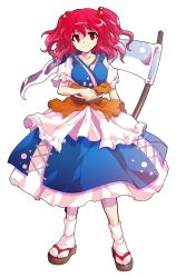 Rule 34 | 1girl, alphes (style), closed mouth, dairi, full body, hair bobbles, hair ornament, highres, onozuka komachi, parody, puffy short sleeves, puffy sleeves, red eyes, red hair, scythe, short sleeves, smile, solo, standing, style parody, touhou, transparent background, twintails, two side up