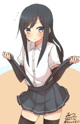 Rule 34 | 10s, 1girl, 2015, arm warmers, asashio (kancolle), black hair, black thighhighs, blue eyes, blush, collared shirt, cowboy shot, dated, flying sweatdrops, grey skirt, highres, kantai collection, looking at viewer, nonono (mino), pleated skirt, school uniform, shirt, signature, skirt, solo, suspenders, suspenders pull, thighhighs, twitter username, w arms