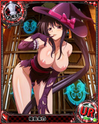 Rule 34 | 10s, 1girl, breasts, breasts out, card (medium), character name, high school dxd, highres, himejima akeno, looking at viewer, nude filter, purple eyes, solo, third-party edit, trading card
