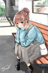 Rule 34 | 1girl, ankle boots, bag, bench, black footwear, blue shirt, blurry, blurry background, blush, boots, brown eyes, brown hair, commentary request, concrete, elbows on knees, grey skirt, hair bun, hair up, handbag, hands on own face, highres, leaning forward, looking at viewer, mirror, original, parted lips, railroad tracks, shadow, shirt, signature, single hair bun, sitting, skirt, sleeves past wrists, solo, soragane (banisinngurei), stairs, tactile paving, train station, utility pole