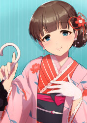 Rule 34 | 1girl, blue background, blue eyes, blush, breasts, brown hair, closed mouth, dot nose, earrings, floral print, gloves, hair ornament, hand on own chest, haori, holding, holding umbrella, idolmaster, idolmaster cinderella girls, idolmaster cinderella girls starlight stage, jacket, japanese clothes, jewelry, kanzashi, kimono, long sleeves, looking at viewer, medium breasts, nail polish, nonono (1399900), obi, obijime, pink jacket, pink nails, red kimono, sakuma mayu, sash, short hair, smile, solo, striped, striped background, umbrella, white gloves, wide sleeves