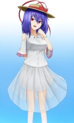 Rule 34 | 1girl, :d, alternate costume, arm behind back, bare shoulders, blue background, bow, bracelet, breasts, contemporary, detached sleeves, dress shirt, gnlo, hat, hat bow, hat ribbon, highres, jewelry, looking at viewer, nagae iku, open mouth, petticoat, purple hair, red bow, red eyes, red ribbon, ribbon, see-through, shirt, skirt, smile, solo, touhou, white shirt, white skirt, wide sleeves