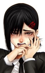 Rule 34 | 1girl, asymmetrical hair, black hair, black jacket, black necktie, black suit, blush, chainsaw man, collared shirt, commentary, crying, crying with eyes open, dress shirt, drooling, formal, hair between eyes, hair ornament, hairclip, hand on own face, higashiyama kobeni, highres, hoshi san 3, jacket, long sleeves, looking at viewer, mole, mole under eye, mole under mouth, necktie, open mouth, parted bangs, portrait, saliva, shirt, short hair, short ponytail, simple background, solo, suit, sweat, nervous sweating, tareme, tears, teeth, white background, white shirt, wing collar