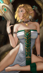 Rule 34 | 1girl, armlet, bare shoulders, barefoot, blonde hair, blue eyes, blurry, blurry background, bracelet, braid, breasts, claws, closed mouth, collarbone, colored sclera, commentary request, crown braid, dragon, dress, earrings, eyelashes, feet, foot out of frame, green eyes, jewelry, large breasts, light dragon (zelda), magatama, magatama necklace, necklace, nintendo, pointy ears, princess zelda, purple sclera, short hair, side slit, sitting, strapless, strapless dress, the legend of zelda, the legend of zelda: tears of the kingdom, thighs, tiara, toenails, toes, two-tone eyes, wei (promise 0820), white dress