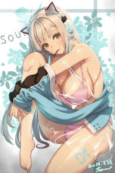 Rule 34 | 1girl, animal ear headphones, animal ears, artist name, bikini, blonde hair, blush, breasts, cat ear headphones, cleavage, dated, ecell, fake animal ears, floral background, food, food in mouth, headphones, jacket, large breasts, leg up, long hair, looking at viewer, mouth hold, noa (soulworker), open clothes, open jacket, parted lips, pink bikini, pocky, sidelocks, signature, solo, soulworker, striped bikini, striped clothes, swimsuit, thighs