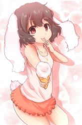 Rule 34 | 1girl, akatsuki no guuru, alternate costume, animal ears, bad id, bad pixiv id, bare shoulders, black hair, carrot necklace, collarbone, flat chest, floppy ears, food, highres, ice cream, ice cream cone, inaba tewi, looking at viewer, miniskirt, necklace, rabbit ears, rabbit girl, rabbit tail, red eyes, short hair, skirt, smile, solo, tail, tank top, tongue, tongue out, touhou