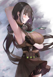 Rule 34 | 1girl, ammunition pouch, arm under breasts, armpits, black gloves, black hair, blouse, blush, breasts, brown eyes, brown shirt, brown skirt, commentary request, earpiece, from side, girls&#039; frontline, gloves, highres, id card, lanyard, large breasts, long hair, low tied hair, mask, multicolored hair, pouch, presenting armpit, ribbed shirt, ro635 (girls&#039; frontline), ru zhai, shirt, sideboob, skirt, sleeveless, sleeveless shirt, streaked hair, thighs, very long hair