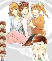 Rule 34 | 10s, 2girls, 6+boys, aida (osomatsu-san), arm around waist, barista, bowl cut, brothers, brown eyes, brown hair, casual, closed eyes, drooling, extra, girl sandwich, long sleeves, matsuno choromatsu, matsuno ichimatsu, matsuno jyushimatsu, matsuno karamatsu, matsuno osomatsu, matsuno todomatsu, messy hair, multiple boys, multiple girls, osomatsu-kun, osomatsu-san, osomatsu (series), ponytail, sachiko (osomatsu-san), sandwiched, sextuplets, short hair, siblings, sitting, skirt, sleeves past wrists, smile, t-r-g, thought bubble, v-neck, wall-eyed
