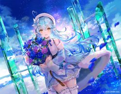 Rule 34 | 1girl, ahoge, belt, beret, blue coat, blue hair, blue skirt, blue sky, blush, bouquet, braid, breasts, brown belt, cloud, cloudy sky, coat, copyright notice, cowboy shot, fang, floating hair, flower, french braid, frilled skirt, frilled thighhighs, frills, fur-trimmed coat, fur trim, fuzichoco, hair flower, hair ornament, hat, heart, heart ahoge, holding, holding bouquet, hololive, light blue hair, long hair, looking at viewer, medium breasts, miniskirt, motion blur, multicolored hair, nail polish, off shoulder, official art, open mouth, petals, pillar, pointy ears, shirt, skirt, sky, sleeveless, sleeveless shirt, smile, snowflake print, solo, standing, star (sky), starry sky, streaked hair, thighhighs, two-tone hair, virtual youtuber, watermark, white hat, white shirt, white thighhighs, yellow eyes, yukihana lamy, zettai ryouiki
