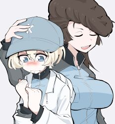 Rule 34 | 2girls, baseball cap, blue eyes, blue headwear, blue jacket, brown hair, closed mouth, coat, comforting, commentary, crying, crying with eyes open, frown, girls und panzer, grey background, hand on another&#039;s head, hat, hood, hood down, hooded coat, jacket, keizoku military uniform, long hair, long sleeves, military uniform, multiple girls, nuka cola06, open clothes, open coat, open mouth, pompadour, raglan sleeves, short hair, simple background, smile, tears, track jacket, uniform, white coat, white hair, youko (girls und panzer), yuri (girls und panzer)