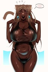 Rule 34 | 1girl, ?, ??, absurdres, animal ears, blush, breasts, brown-haired cat girl (kevbot), cat ears, cat tail, competition swimsuit, curvy, dark-skinned female, dark skin, embarrassed, highres, huge breasts, kevbot, long hair, one-piece swimsuit, original, see-through swimsuit, solo, speech bubble, sweatdrop, swimsuit, tail, thick thighs, thighs