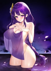 Rule 34 | 1girl, blush, braid, breasts, cleavage, closed mouth, cloud, collarbone, completely nude, covering privates, cowboy shot, genshin impact, gradient sky, hair ornament, highres, large breasts, long hair, looking at viewer, navel, night, night sky, nude, nude cover, petals, picter, purple eyes, purple hair, raiden shogun, see-through, single braid, sky, solo, star (sky), starry sky, very long hair, wading, water