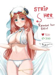 Rule 34 | 1girl, absurdres, aqua eyes, artist name, breasts, cleavage, commentary, cowboy shot, dokimaru, english commentary, english text, fake horns, genshin impact, harem outfit, highres, horns, jewelry, large breasts, like and retweet, long hair, looking at viewer, meme, navel, neck ring, nilou (genshin impact), red hair, sidelocks, simple background, solo, speech bubble, standing, thighlet, twitter strip game (meme), veil, wet, white background, white headwear