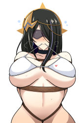 Rule 34 | 1girl, arms behind back, bad id, bad pixiv id, bare shoulders, bdsm, bikini, bikini in mouth, bikini top only, black hair, blindfold, blush, bondage, bound, bound arms, breasts, choker, clothes in mouth, collarbone, crotch rope, epic seven, hair over one eye, heart, large breasts, long hair, mole, mole on breast, mouth hold, navel, rebake, rope, shibari, simple background, solo, standing, sweat, swimsuit, vivian (epic seven), white background
