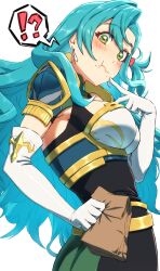 Rule 34 | 1girl, aduti momoyama, armor, blue hair, blush, chloe (fire emblem), closed mouth, earrings, elbow gloves, fire emblem, fire emblem engage, gloves, green eyes, hair between eyes, highres, holding, jewelry, long hair, looking at viewer, nintendo, shoulder armor, solo, white background, white gloves