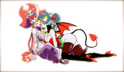 Rule 34 | 2girls, absurdres, all fours, bare shoulders, blush, breasts, cleavage, dark persona, demon girl, demon horns, demon tail, demon wings, detached collar, earrings, fang, hat, high heels, highres, hoop earrings, horns, jewelry, large breasts, licking, multiple girls, no panties, pale skin, pirate, pirate hat, pointy ears, ponytail, purple hair, risky boots, shantae, shantae: half-genie hero, shantae (series), simple background, smile, tail, thighhighs, twistedterra, white background, wince, wings, wrist cuffs, yuri