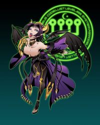 Rule 34 | 1girl, bandai, belt, black hair, blue eyes, breasts, creature, crown (symbol), demon, demon girl, demon horns, demon wings, digimon, digimon (creature), digimon jintrix, fangs, fellatio gesture, floating, full body, gauntlets, gloves, hair ornament, highres, horns, large breasts, lilithmon, lipstick, looking at viewer, makeup, mark of evil, medium breasts, multiple wings, no humans, official art, seven great demon lords, sharp teeth, short hair, single glove, solo, teeth, tongue, tongue out, wide hips, wings