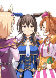Rule 34 | 3girls, ^ ^, absurdres, admire vega (umamusume), animal ears, armor, bird, blonde hair, bodice, breasts, brown hair, cheek poking, cleavage cutout, closed eyes, closed mouth, clothing cutout, corset, crow, ear piercing, ears down, furrowed brow, glint, gloves, gomesu (gomes0343), hand on own hip, highres, horse ears, horse girl, horse tail, index finger raised, jacket, jewelry, long hair, looking at viewer, multiple girls, multiple rings, narita top road (umamusume), necktie, open mouth, orange hair, piercing, pink eyes, poking, purple jacket, ring, see-through, see-through sleeves, shirt, short hair, shoulder armor, simple background, skirt, small breasts, smile, t.m. opera o (umamusume), tail, trembling, twitter username, umamusume, umamusume: road to the top, upper body, white background, white gloves, white necktie, white shirt