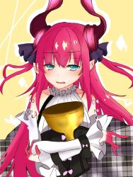 Rule 34 | 1girl, blue eyes, cup, dragon girl, elizabeth bathory (fate), elizabeth bathory (fate), fang, fate/extra, fate/extra ccc, fate/grand order, fate (series), chalice, highres, holy grail, horns, long hair, looking at viewer, pink hair, pointy ears, tagme