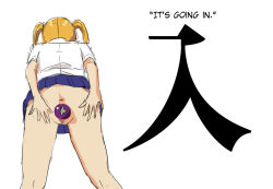 Rule 34 | 1girl, anus, bent over, blonde hair, blue skirt, borusen, censored, cowboy shot, eggplant, food, food insertion, from behind, hard-translated, kanji, long hair, miniskirt, mosaic censoring, no panties, object insertion, original, pleated skirt, pointless censoring, pussy, school uniform, simple background, skirt, solo, standing, third-party edit, translated, twintails, vaginal, vaginal object insertion, white background