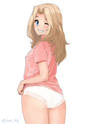 Rule 34 | 1girl, ;), ass, blonde hair, blue eyes, blush, clothes lift, commentary, cowboy shot, from behind, girls und panzer, grin, hair intakes, hami dmg, kay (girls und panzer), lace, lace-trimmed panties, lace trim, lifted by self, long hair, looking at viewer, looking back, no pants, one eye closed, panties, pink shirt, shirt, shirt lift, short sleeves, simple background, smile, solo, standing, t-shirt, twitter username, underwear, white background, white panties