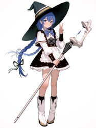 Rule 34 | 1girl, 95---, black ribbon, black socks, blue hair, boots, braid, closed mouth, commentary, crossed bangs, english commentary, floating hair, full body, hair between eyes, hair ribbon, hat, highres, holding, holding staff, long hair, long sleeves, looking at viewer, low twin braids, mage staff, mushoku tensei, ribbon, roxy migurdia, socks, solo, staff, thighs, twin braids, v, very long hair, white footwear, witch hat