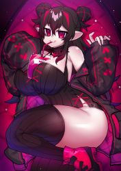 Rule 34 | 1girl, between breasts, black hair, blood, blood on face, breasts, closed mouth, double bun, dress, drinking blood, drinking straw, drinking straw in mouth, elizabeth von mountbatten (osiimi), hair bun, high heels, highres, huge breasts, indie virtual youtuber, jacket, long hair, looking at viewer, multicolored hair, open clothes, open jacket, original, osiimi, pointy ears, second-party source, smile, solo, striped, thick thighs, thighhighs, thighs, vampire, vertical stripes, virtual youtuber