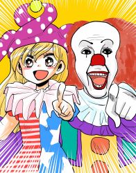 Rule 34 | 1boy, 1girl, :d, american flag dress, blonde hair, clown, clownpiece, commentary, foreshortening, gloves, hat, highres, it (stephen king), jester cap, komaku juushoku, legacy of lunatic kingdom, one-hour drawing challenge, open mouth, pennywise, pink eyes, pointing, pointing at viewer, red hair, red nose, smile, teeth, touhou