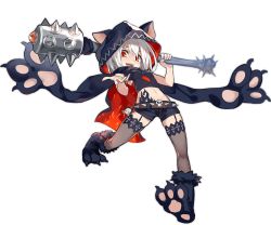 Rule 34 | 1girl, animal ears, animal hood, ark order, belt, black cape, black footwear, black scarf, black shirt, black shorts, cape, cerberus (ark order), chain, club (weapon), cuffs, dog ears, fake animal ears, full body, fur-trimmed footwear, fur trim, garter straps, hades (ark order), holding, holding weapon, hood, hood up, hooded cape, kzhu, looking at viewer, official art, paw shoes, pawpads, red eyes, scarf, shirt, shoes, short hair, shorts, skull, solo, spiked belt, stomach tattoo, tachi-e, tattoo, thighhighs, transparent background, weapon, white hair, wrist cuffs
