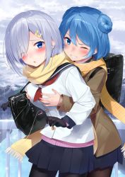Rule 34 | 2girls, adapted costume, bag, black gloves, blue hair, blue skirt, grabbing another&#039;s breast, breasts, brown jacket, cardigan, double bun, gloves, grabbing, grabbing from behind, grin, hair ornament, hair over one eye, hairclip, hamakaze (kancolle), highres, ice, jacket, kantai collection, long hair, long sleeves, looking at viewer, medium breasts, multiple girls, nezumidoshi, one eye closed, outdoors, pantyhose, parted lips, pink shirt, pleated skirt, sailor collar, scarf, shirt, short hair, silver hair, skirt, smile, upper body, urakaze (kancolle), white jacket, winter