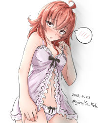 Rule 34 | 1girl, ahoge, arashi (kancolle), babydoll, blush, dated, female focus, giraffe (ilconte), highres, kantai collection, lingerie, looking at viewer, open mouth, panties, parted lips, pink babydoll, pink panties, purple eyes, red hair, short hair, simple background, twitter username, underwear, underwear only, white background