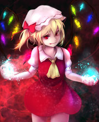 Rule 34 | 1girl, :p, absurdres, ascot, blonde hair, blood, blood in mouth, blood on face, bow, cowboy shot, crystal, dress, energy ball, fang, flandre scarlet, glowing, gracehoo, hair between eyes, hat, highres, mob cap, red eyes, short hair, side ponytail, solo, tongue, tongue out, touhou, wings, yellow ascot