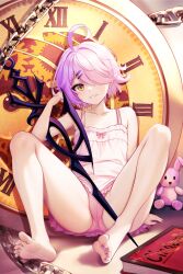Rule 34 | 1girl, absurdres, ahoge, barefoot, benghuai xueyuan, book, breasts, brown eyes, cameltoe, camisole, chain, clock, collarbone, commentary request, feet, grin, hair intakes, hair ornament, hair over one eye, hairclip, hand up, highres, honkai (series), knees up, legs, looking at viewer, multicolored hair, nail polish, panties, pink hair, pink panties, pink skirt, pleated skirt, purple hair, purple nails, roman numeral, sharp teeth, short hair, sin mal, sin mal0909, sitting, skirt, small breasts, smile, soles, solo, stitches, stuffed animal, stuffed rabbit, stuffed toy, teeth, toenail polish, toenails, toes, two-tone hair, underwear, white camisole