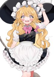 Rule 34 | 1girl, :d, apron, black hat, black skirt, black vest, blonde hair, blush, bow, bowtie, breasts, broom, buttons, commentary request, frilled apron, frilled hat, frilled skirt, frills, hat, hat bow, highres, holding, holding broom, kirisame marisa, long hair, open mouth, pink bow, pink bowtie, puffy short sleeves, puffy sleeves, shirt, short sleeves, simple background, skirt, small breasts, smile, solo, teeth, touhou, uchisaki himari, upper teeth only, very long hair, vest, waist apron, wavy hair, white apron, white background, white bow, white shirt, witch, witch hat, yellow eyes