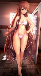 Rule 34 | 1girl, absurdly long hair, bra, breasts, brown hair, cleavage, closed mouth, collarbone, commentary, doki doki literature club, full body, gluteal fold, green eyes, hair down, hand on own hip, highres, indoors, legs, long hair, looking at viewer, medium breasts, midriff, monika (doki doki literature club), navel, panties, solo, thighs, tsukimaru, underwear, underwear only, very long hair