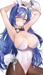Rule 34 | 1girl, animal ears, armpits, arms behind head, arms up, bare arms, bare shoulders, blue hair, bow, bowtie, breasts, brown pantyhose, cleavage, commission, covered navel, detached collar, fake animal ears, fake tail, girls&#039; frontline, hairband, highleg, highleg leotard, highres, large breasts, leotard, long hair, looking at viewer, manya drhr, official alternate costume, open mouth, pantyhose, pixiv commission, playboy bunny, rabbit ears, rabbit tail, simple background, solo, strapless, strapless leotard, sweat, tail, tar-21 (girls&#039; frontline), tar-21 (night at the bar) (girls&#039; frontline), very long hair, white background, white leotard, wrist cuffs, yellow eyes