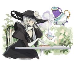 Rule 34 | 1girl, black choker, black dress, black headwear, breasts, chair, choker, cleavage, closed mouth, cogita (pokemon), creatures (company), cup, dress, elbow gloves, flower, game freak, gen 8 pokemon, gloves, grey eyes, grey hair, hand up, hat, hat flower, highres, nintendo, olopheris, plate, pokemon, pokemon (creature), pokemon legends: arceus, polteageist, pouring, sitting, smile, sparkle, table, teacup, white flower, white gloves