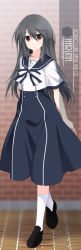 Rule 34 | 1girl, alternate costume, anchor symbol, artist name, black footwear, black hair, blue sailor collar, blue skirt, blurry, brick wall, brown eyes, character name, commentary request, depth of field, dress, full body, hair between eyes, hair ornament, hairclip, haruna (kancolle), highres, inaba shiki, kantai collection, kneehighs, loafers, long hair, looking at viewer, one-hour drawing challenge, sailor collar, sailor dress, shirt, shoes, short sleeves, skirt, smile, socks, solo, standing, white socks, white shirt