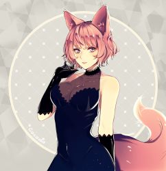 Rule 34 | 1girl, abstract background, animal ears, artist name, bare shoulders, black dress, black gloves, blonde hair, blush, breasts, brown eyes, cleavage, collarbone, commentary, covered navel, cowboy shot, dress, elbow gloves, english commentary, fox ears, fox girl, fox tail, gloves, grey background, hand up, highres, large breasts, looking at viewer, original, parted lips, short hair, sleeveless, sleeveless dress, smile, solo, tail, yen-mi