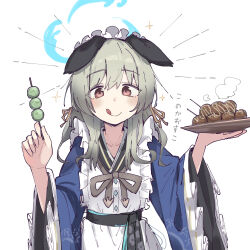 Rule 34 | 1girl, :q, animal ears, apron, blue archive, blue kimono, brown eyes, closed mouth, dango, dog ears, dot nose, emphasis lines, food, grey hair, hair between eyes, hair ribbon, halo, highres, holding, holding food, holding plate, japanese clothes, kilabo, kimono, long hair, looking at viewer, maid, maid headdress, plate, ribbon, simple background, solo, sparkle, steam, takoyaki, tongue, tongue out, translated, umika (blue archive), upper body, wa maid, wagashi, white apron, white background, wide sleeves