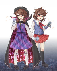 Rule 34 | &gt;:d, 2girls, :d, brown eyes, brown hair, cape, card, cellphone, city, dual persona, full body, glasses, gloves, hat, kneehighs, loafers, low twintails, miniskirt, multiple girls, night, open mouth, phone, pigeon-toed, plaid, pleated skirt, quimbaya airplane, red-framed eyewear, runes, school uniform, semi-rimless eyewear, shoes, skirt, smartphone, smile, socks, touhou, twintails, under-rim eyewear, usami sumireko, v-shaped eyebrows, white gloves, white legwear, aged down, ys (fall), zener card