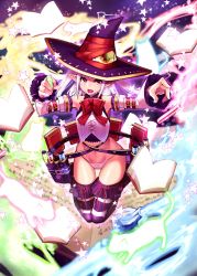 Rule 34 | 1girl, bad id, bad pixiv id, book, doku-chan (dokkudokudoku), flat chest, hat, highres, looking at viewer, original, pointy ears, smile, solo, thighs, witch hat
