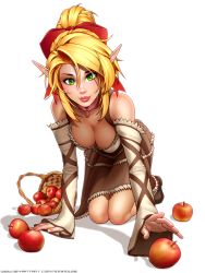 Rule 34 | 1girl, absurdres, all fours, apple, basket, blonde hair, bow, breasts, choker, cleavage, commentary, commission, corset, detached sleeves, deviantart username, downblouse, dress, elf, english commentary, fantasy, food, fruit, gem, green eyes, hair between eyes, hair bow, highres, legs together, lin (ronindude), lips, lipstick, long dress, long hair, looking at viewer, makeup, medium breasts, nose, original, pink choker, pointy ears, ponytail, red apple, red bow, ronindude, sleeves past wrists, smile, solo, waitress, watermark, web address, wide sleeves