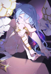 Rule 34 | 1girl, absurdres, ass, bare shoulders, barefoot, blue eyes, blue hair, blush, breasts, character request, chinese commentary, commission, copyright request, double bun, eyelashes, full body, hair between eyes, hair bun, half-closed eye, head rest, highres, jewelry, long hair, looking at viewer, luelue zi, multicolored eyes, nail polish, on floor, one eye closed, panties, purple eyes, purple nails, ring, sitting, small breasts, solo, toenail polish, toenails, toes, underwear, very long hair, white panties