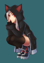 Rule 34 | 1girl, animal ears, cat ears, coat, full body, highres, long hair, looking at viewer, original, red eyes, shiraha (pixiv10239953), simple background, solo, squatting, white hair