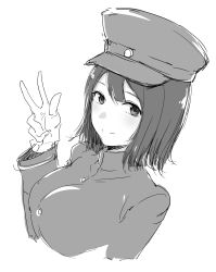 Rule 34 | akitsu maru (kancolle), bad id, bad tumblr id, blush, breasts, closed mouth, gloves, greyscale, hand up, hat, highres, hometa, jacket, kantai collection, large breasts, long sleeves, looking at viewer, monochrome, peaked cap, short hair, simple background, smile, solo, upper body, v, white background