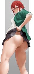 Rule 34 | 1girl, aizawa tomo, ass, black skirt, blush, clothes lift, embarrassed, from behind, from below, highres, jacket, lifting own clothes, looking at viewer, looking back, no panties, open clothes, open jacket, puckered lips, red eyes, red hair, rinrin (user tvcf4347), school uniform, shirt lift, short hair, simple background, skirt, sleeves rolled up, solo, standing, steaming body, tomo-chan wa onna no ko, upskirt