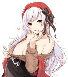 Rule 34 | 1girl, aran sweater, azur lane, bad id, bad twitter id, bare shoulders, belfast (azur lane), belfast (shopping with the head maid) (azur lane), beret, black pantyhose, black skirt, blush, breasts, brown sweater, cable knit, choker, cleavage, clothes tug, collarbone, earrings, hand up, hat, heart, hoop earrings, jewelry, large breasts, long hair, looking at viewer, nail polish, nipples, off-shoulder sweater, off shoulder, pantyhose, silver hair, skirt, smile, solo, sunaba suzume, sweater, sweater tug