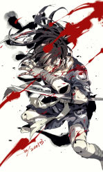 Rule 34 | 1boy, amputee, bandages, black hair, blood, doll joints, dororo (tezuka), hair over one eye, highres, hyakkimaru (dororo), japanese clothes, joints, katana, kimono, long hair, looking at viewer, male focus, monochrome, mouth hold, ponytail, prosthesis, prosthetic arm, sashiyu, sheath, simple background, solo, sword, torn clothes, weapon