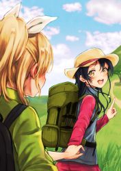 Rule 34 | 10s, 2girls, :d, ayase eli, backpack, bag, blonde hair, blue hair, blush, bow, cloud, cloudy sky, commentary request, day, hair bow, hat, highres, hiking, holding hands, lilylion26, long hair, long sleeves, looking at another, looking back, love live!, love live! school idol festival, love live! school idol project, multiple girls, nail polish, open mouth, pink nails, ponytail, signature, sky, smile, sonoda umi, yellow eyes